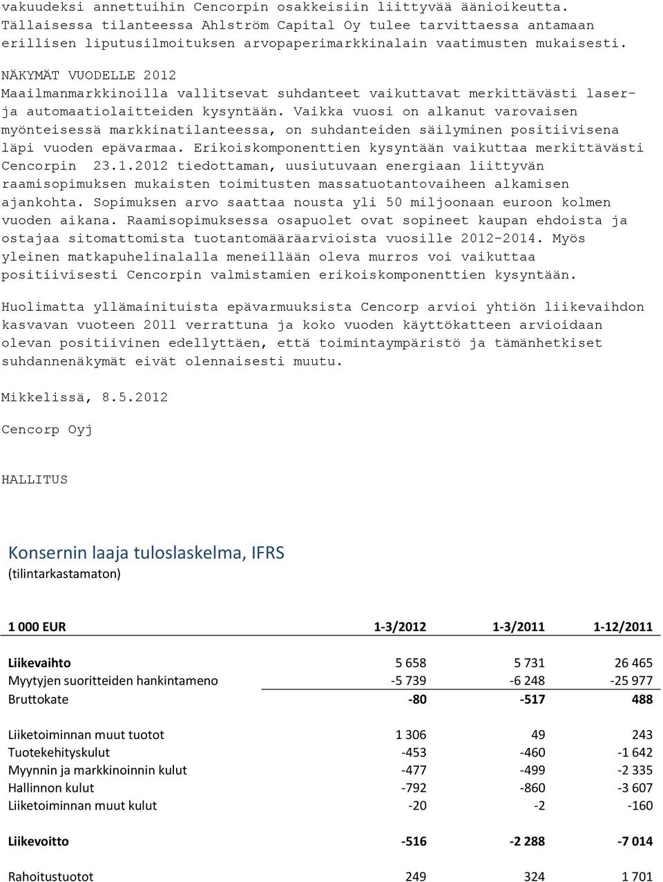 NÄKYMÄT VUODELLE 2012 Maailmanmarkkinoilla vallitsevat suhdanteet vaikuttavat merkittävästi laserja automaatiolaitteiden kysyntään.