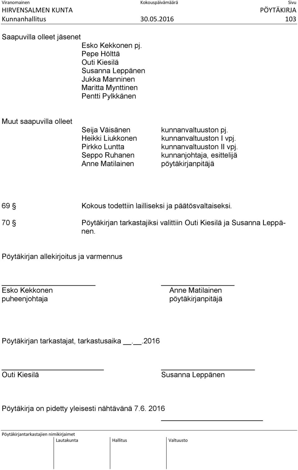 Matilainen kunnanvaltuuston pj. kunnanvaltuuston I vpj. kunnanvaltuuston II vpj. kunnanjohtaja, esittelijä pöytäkirjanpitäjä 69 Kokous todettiin lailliseksi ja päätösvaltaiseksi.