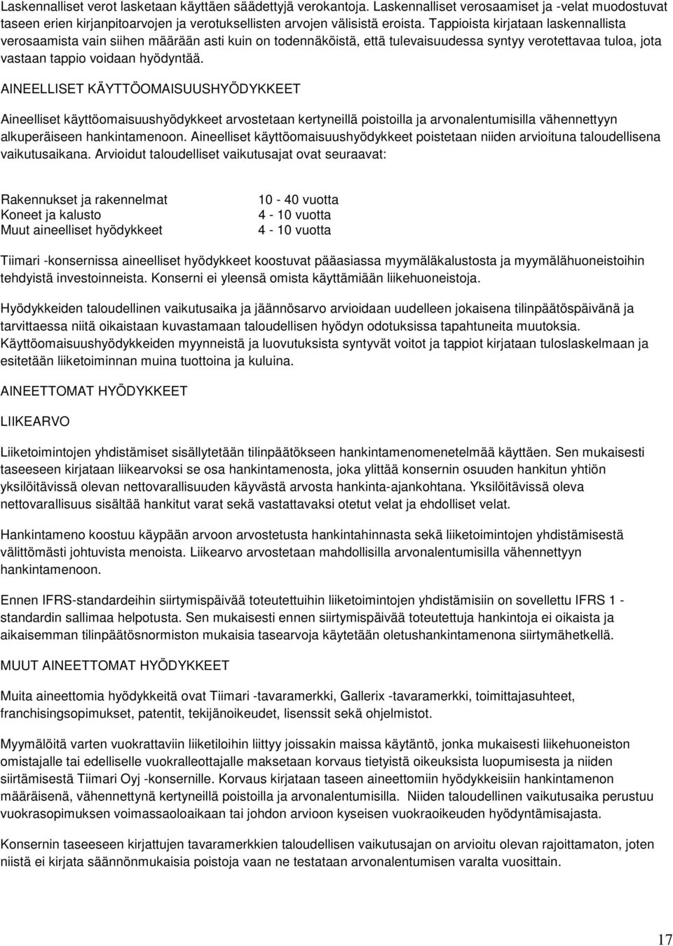 AINEELLISET KÄYTTÖOMAISUUSHYÖDYKKEET Aineelliset käyttöomaisuushyödykkeet arvostetaan kertyneillä poistoilla ja arvonalentumisilla vähennettyyn alkuperäiseen hankintamenoon.