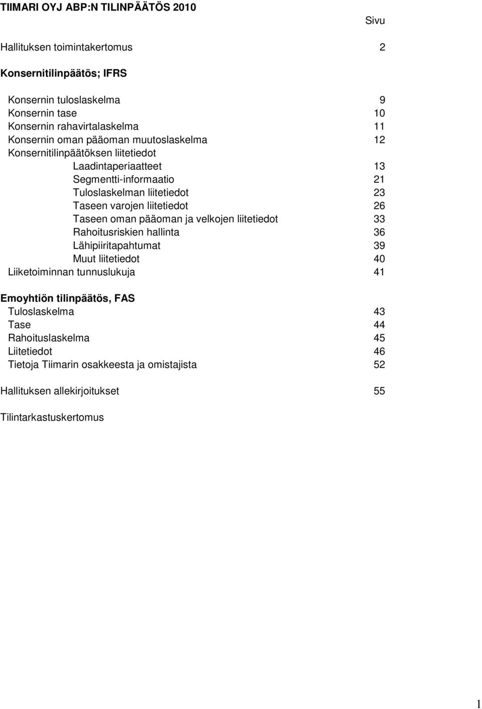 liitetiedot 26 Taseen oman pääoman ja velkojen liitetiedot 33 Rahoitusriskien hallinta 36 Lähipiiritapahtumat 39 Muut liitetiedot 40 Liiketoiminnan tunnuslukuja 41 Emoyhtiön