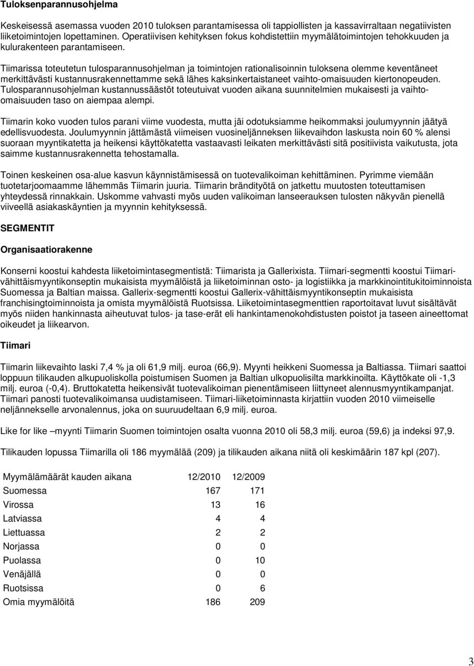 Tiimarissa toteutetun tulosparannusohjelman ja toimintojen rationalisoinnin tuloksena olemme keventäneet merkittävästi kustannusrakennettamme sekä lähes kaksinkertaistaneet vaihto-omaisuuden