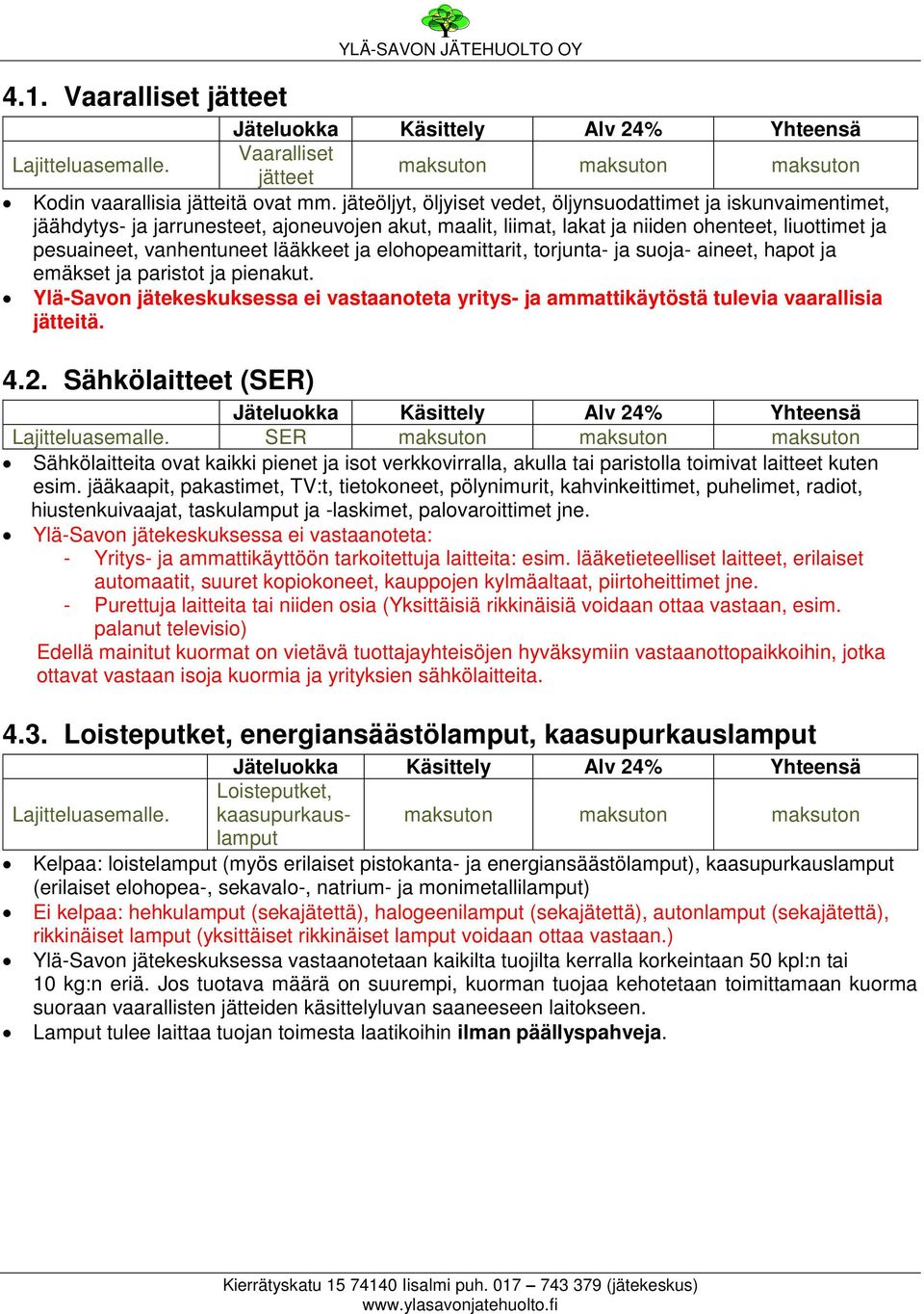 lääkkeet ja elohopeamittarit, torjunta- ja suoja- aineet, hapot ja emäkset ja paristot ja pienakut. Ylä-Savon jätekeskuksessa ei vastaanoteta yritys- ja ammattikäytöstä tulevia vaarallisia jätteitä.