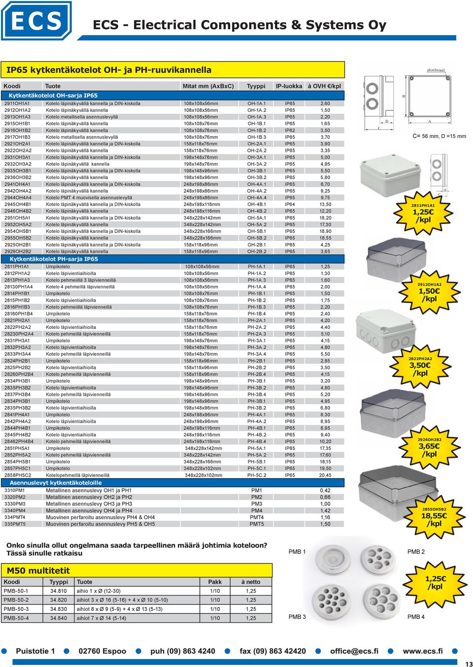 3 IP65 2,20 2915OH1B1 Kotelo läpinäkyvällä kannella 108x108x76mm OH-1B.1 IP65 1,65 2916OH1B2 Kotelo läpinäkyvällä kannella 108x108x76mm OH-1B.