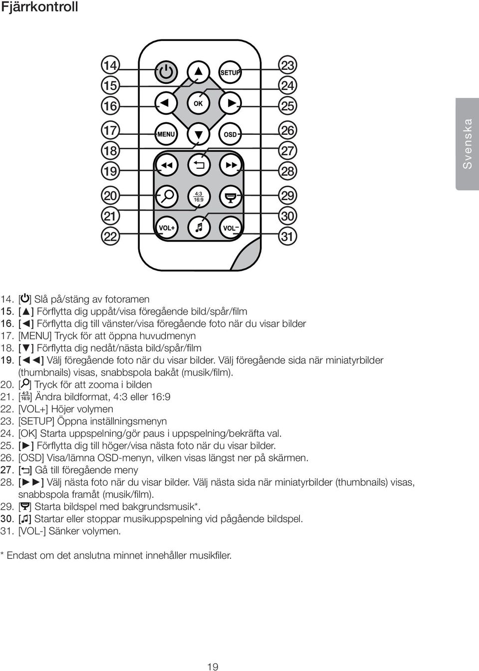 [ ] Välj föregående foto när du visar bilder. Välj föregående sida när miniatyrbilder (thumbnails) visas, snabbspola bakåt (musik/film). 20. [ ] Tryck för att zooma i bilden 21.