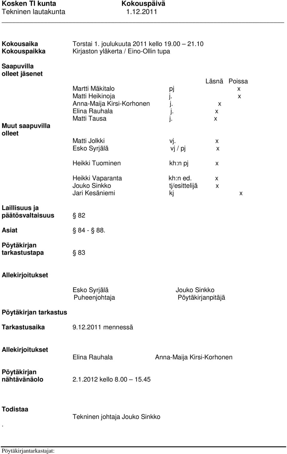 x Elina Rauhala j. x Matti Tausa j. x Matti Jolkki vj. x Esko Syrjälä vj / pj x Laillisuus ja päätösvaltaisuus 82 Asiat 84-88.