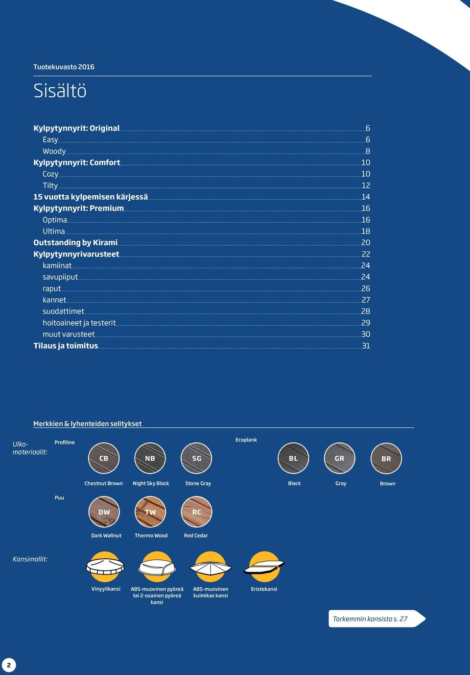Tilaus ja toimitus 31 Merkkien & lyhenteiden selitykset Ulkomateriaalit: Profiline CB NB SG Ecoplank BL GR BR Chestnut Brown Night Sky Black Stone Gray Black Gray Brown Puu