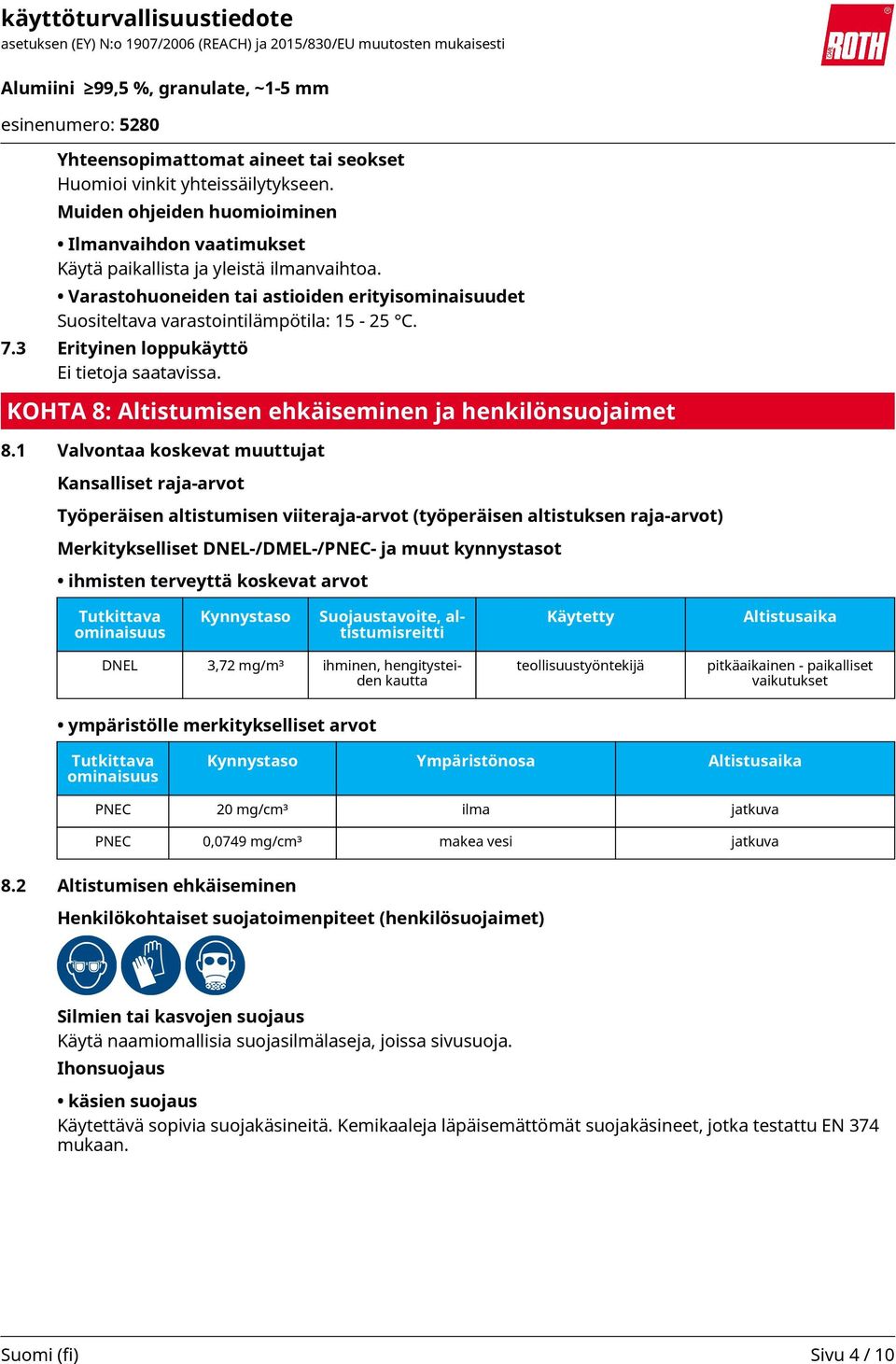 KOHTA 8: Altistumisen ehkäiseminen ja henkilönsuojaimet 8.