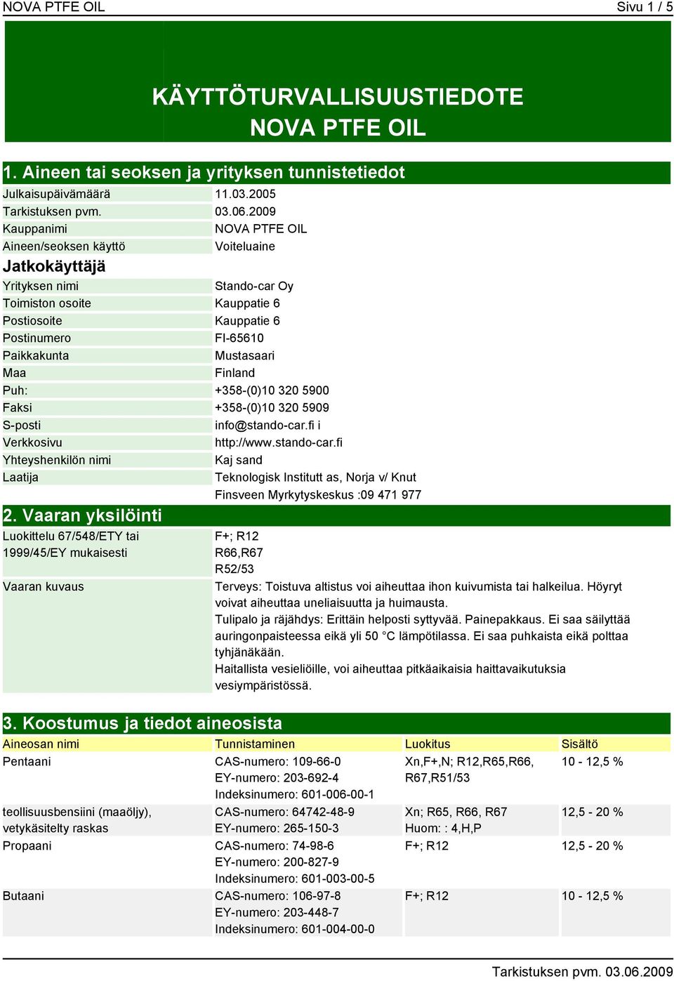 Laatija 2. Vaaran yksilöinti Luokittelu 67/548/ETY tai 1999/45/EY mukaisesti Vaaran kuvaus 3.