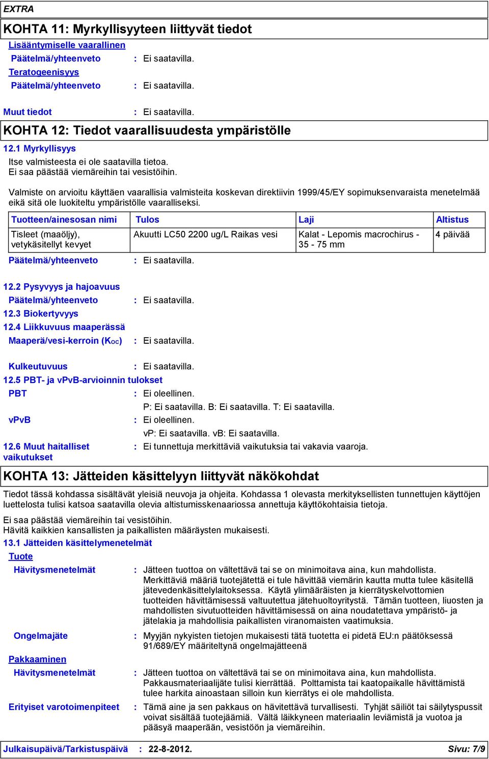 Valmiste on arvioitu käyttäen vaarallisia valmisteita koskevan direktiivin 1999/45/EY sopimuksenvaraista menetelmää eikä sitä ole luokiteltu ympäristölle vaaralliseksi.