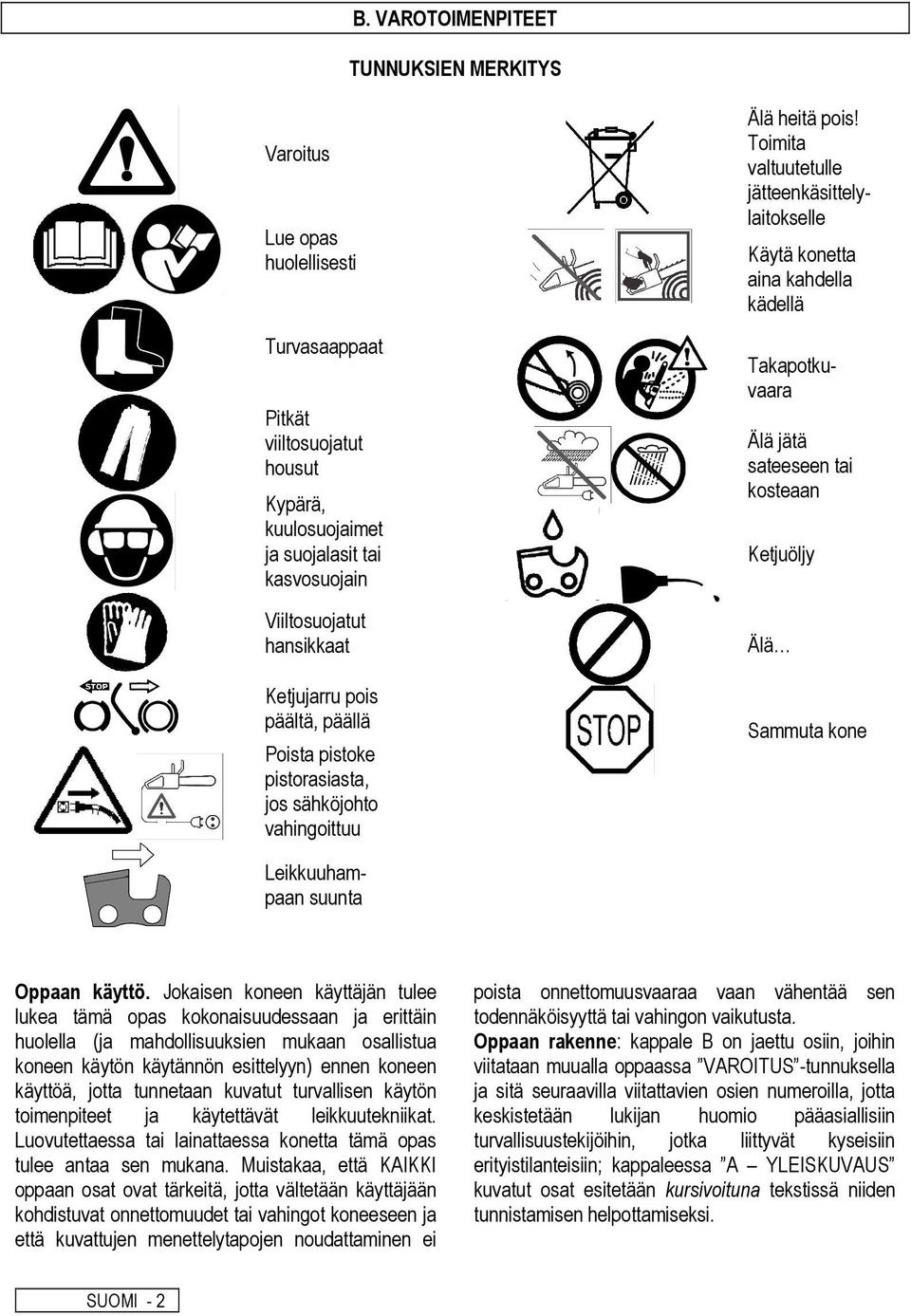 Toimita valtuutetulle jätteenkäsittelylaitokselle Takapotkuvaara Älä jätä sateeseen tai kosteaan Ketjuöljy Älä Sammuta kone Leikkuuhampaan suunta Oppaan käyttö.