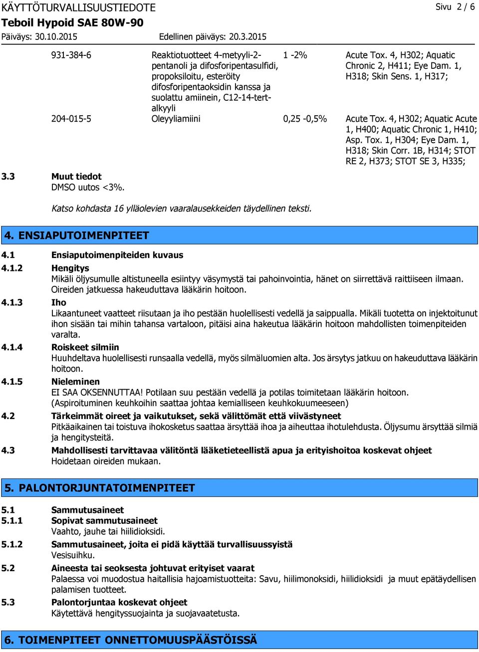 4, H302; Aquatic Acute 1, H400; Aquatic Chronic 1, H410; Asp. Tox. 1, H304; Eye Dam. 1, H318; Skin Corr. 1B, H314; STOT RE 2, H373; STOT SE 3, H335; 3.3 Muut tiedot DMSO uutos <3%.