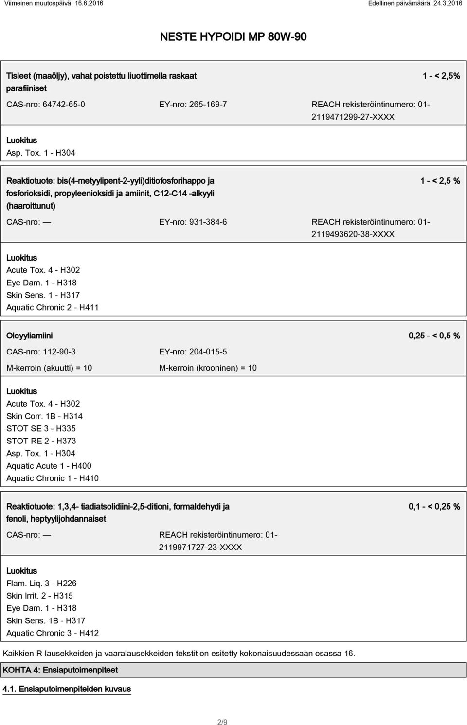 rekisteröintinumero: 01-2119493620-38-XXXX Acute Tox. 4 - H302 Eye Dam. 1 - H318 Skin Sens.