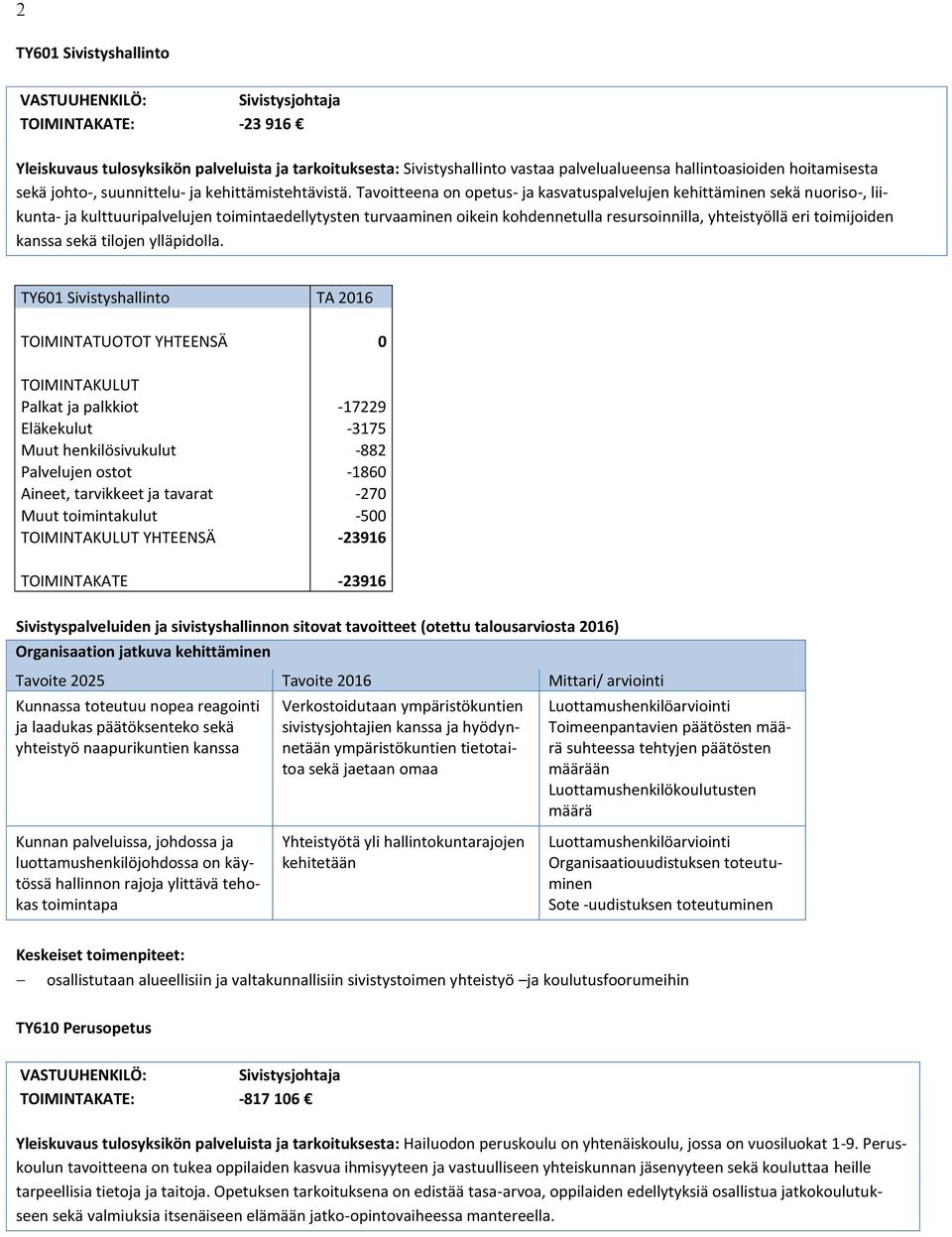 Tavoitteena on opetus- ja kasvatuspalvelujen kehittäminen sekä nuoriso-, liikunta- ja kulttuuripalvelujen toimintaedellytysten turvaaminen oikein kohdennetulla resursoinnilla, yhteistyöllä eri