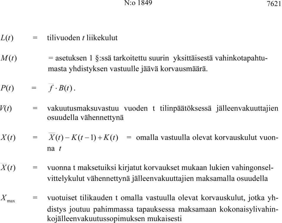 V(t) = vakuutusmaksuvastuu vuoden t tilinpäätöksessä jälleenvakuuttajien osuudella vähennettynä X (t) = X ( t) K( t 1) + K( t) = omalla vastuulla olevat korvauskulut