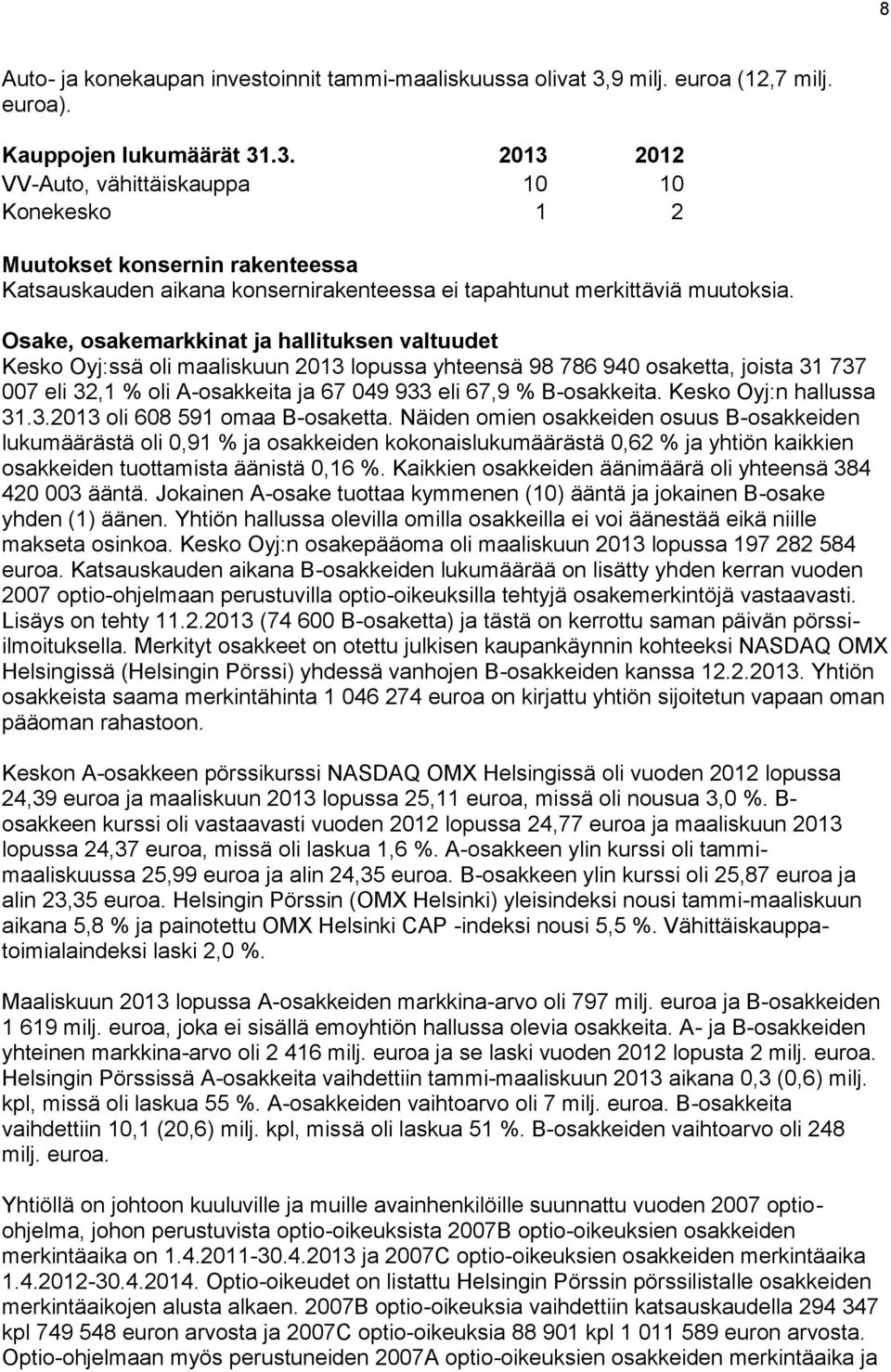 .3. 2013 2012 VV-Auto, vähittäiskauppa 10 10 Konekesko 1 2 Muutokset konsernin rakenteessa Katsauskauden aikana konsernirakenteessa ei tapahtunut merkittäviä muutoksia.