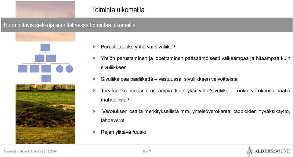 vastuussa sivuliikkeen velvoitteista Tarvitaanko maassa useampia kuin yksi yhtiö/sivuliike onko verokonsolidaatio