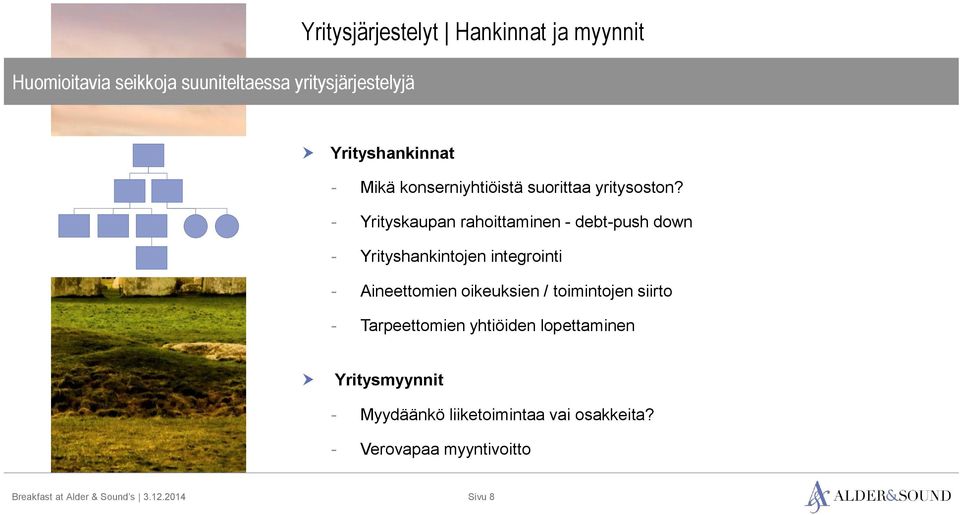 - Yrityskaupan rahoittaminen - debt-push down - Yrityshankintojen integrointi - Aineettomien