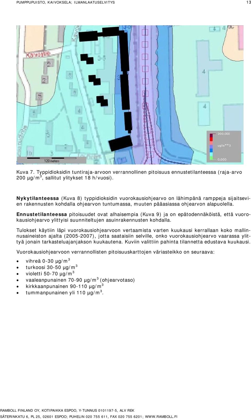 Ennustetilanteessa pitoisuudet ovat alhaisempia (Kuva 9) ja on epätodennäköistä, että vuorokausiohjearvo ylittyisi suunniteltujen asuinrakennusten kohdalla.