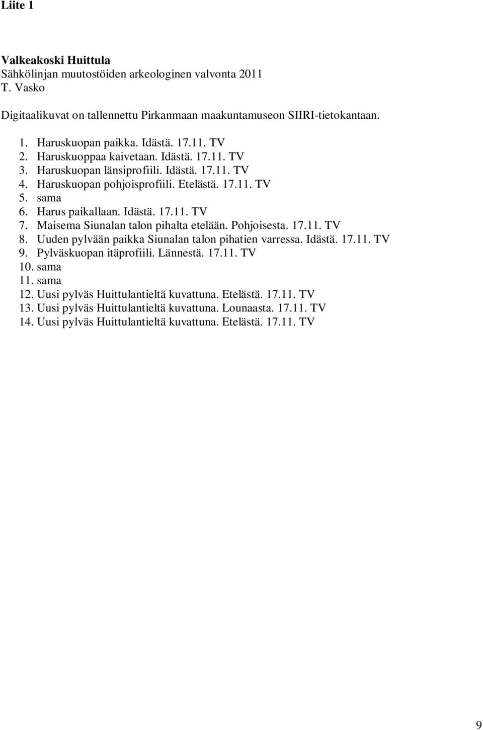 Maisema Siunalan talon pihalta etelään. Pohjoisesta. 17.11. TV 8. Uuden pylvään paikka Siunalan talon pihatien varressa. Idästä. 17.11. TV 9. Pylväskuopan itäprofiili. Lännestä. 17.11. TV 10. sama 11.