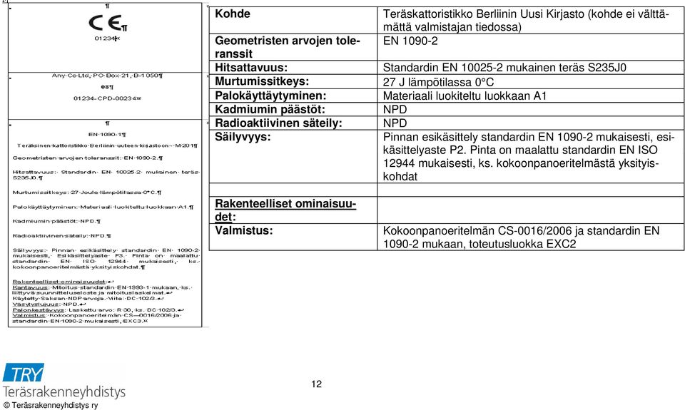 säteily: NPD Säilyvyys: Pinnan esikäsittely standardin EN 1090-2 mukaisesti, esi- käsittelyaste P2. Pinta on maalattu standardin EN ISO 12944 mukaisesti, ks.