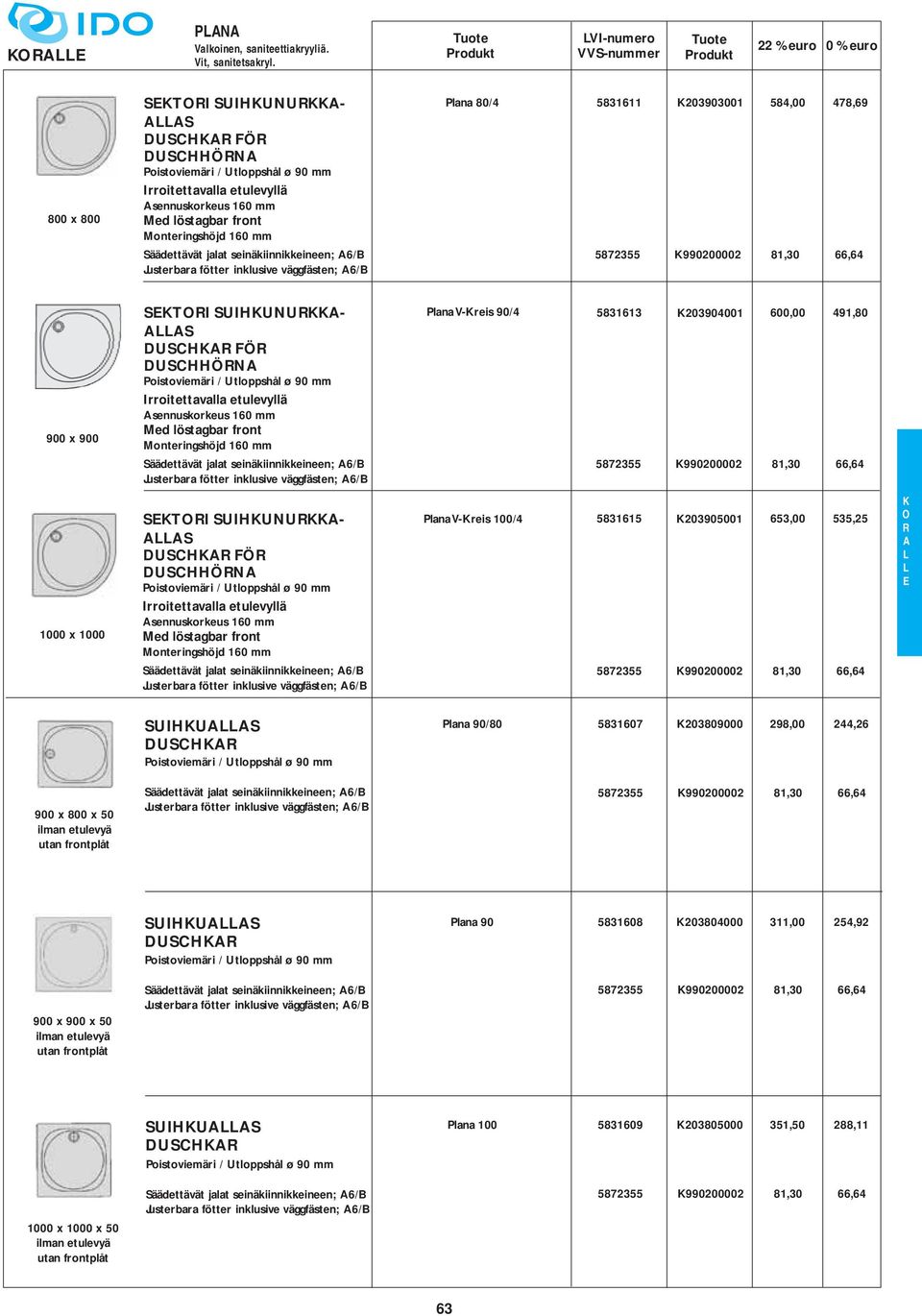 SUIHUNU- S DUSCH FÖ DUSCHHÖN oistoviemäri / Utloppshål ø 90 Irroitettavalla etulevyllä sennuskorkeus 160 ed löstagbar front onteringshöjd 160 Säädettävät jalat seinäkiinnikkeineen; 6/ Justerbara