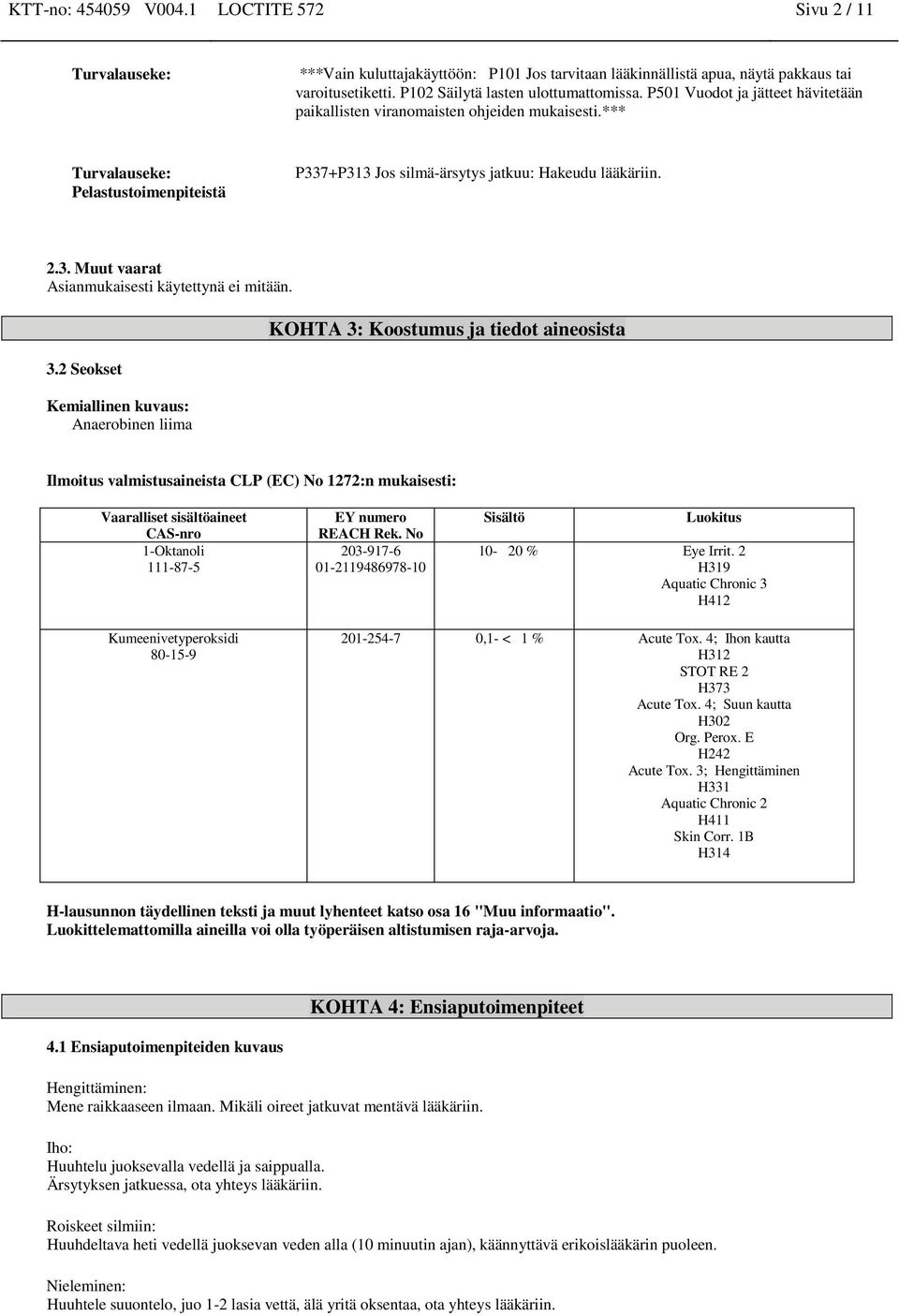 3.2 Seokset Kemiallinen kuvaus: Anaerobinen liima KOHTA 3: Koostumus ja tiedot aineosista Ilmoitus valmistusaineista CLP (EC) No 1272:n mukaisesti: EY numero REACH Rek.
