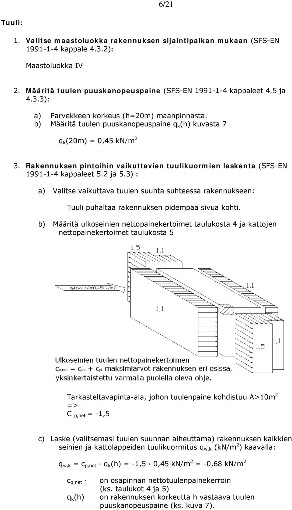 3) : a) alitse vaikuttava tuulen suunta suhteessa rakennukseen: Tuuli puhaltaa rakennuksen pidempää sivua khti.