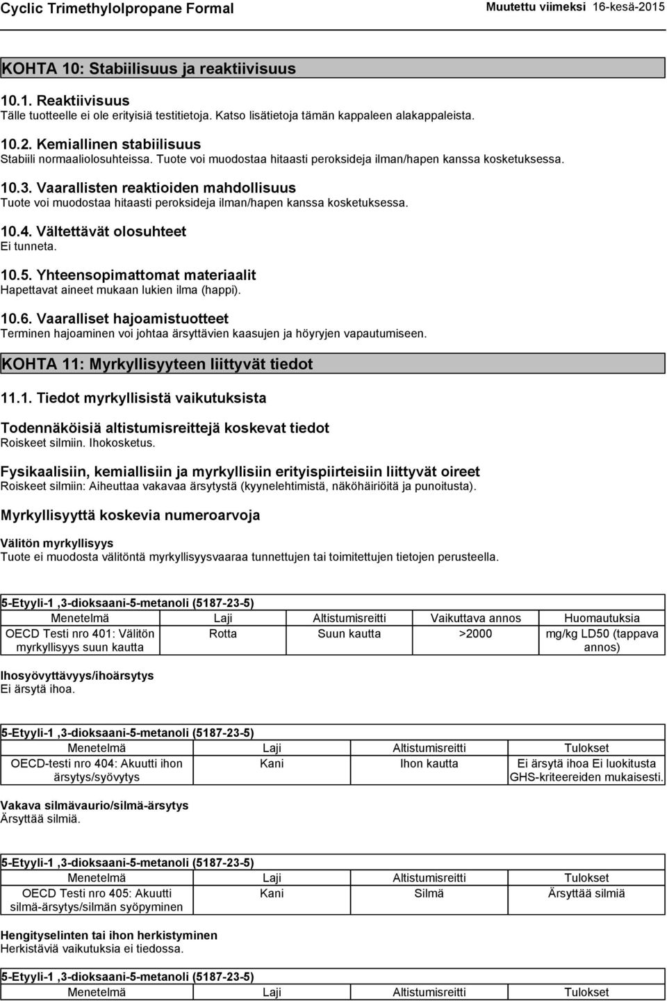 Vältettävät olosuhteet Ei tunneta. 10.5. Yhteensopimattomat materiaalit Hapettavat aineet mukaan lukien ilma (happi). 10.6.