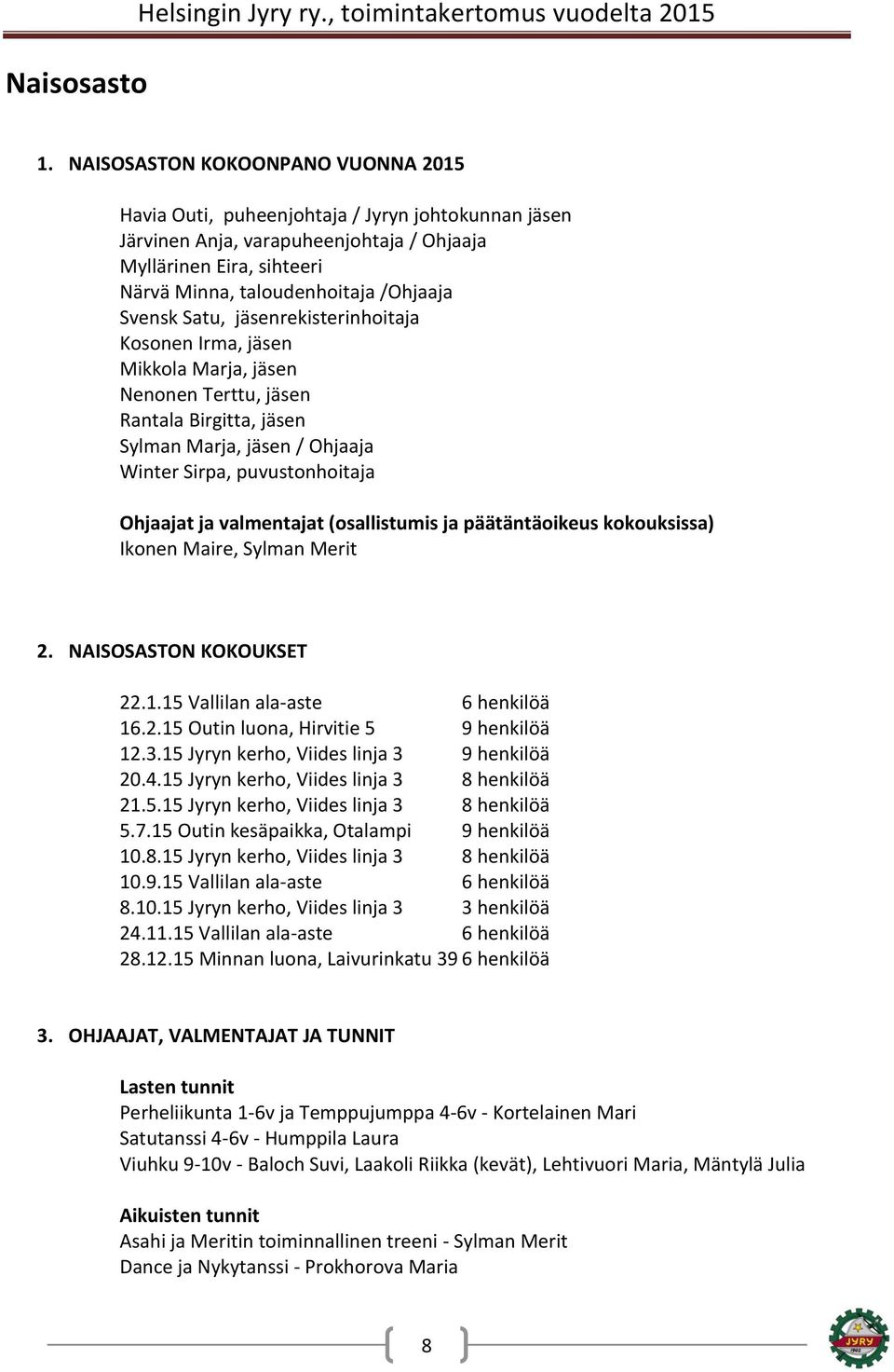 Svensk Satu, jäsenrekisterinhoitaja Kosonen Irma, jäsen Mikkola Marja, jäsen Nenonen Terttu, jäsen Rantala Birgitta, jäsen Sylman Marja, jäsen / Ohjaaja Winter Sirpa, puvustonhoitaja Ohjaajat ja