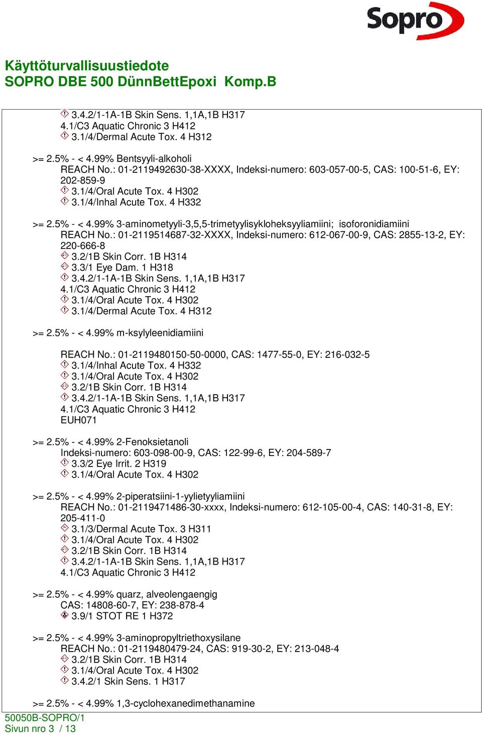 99% 3-aminometyyli-3,5,5-trimetyylisykloheksyyliamiini; isoforonidiamiini REACH No.: 01-2119514687-32-XXXX, Indeksi-numero: 612-067-00-9, CAS: 2855-13-2, EY: 220-666-8 3.2/1B Skin Corr. 1B H314 3.