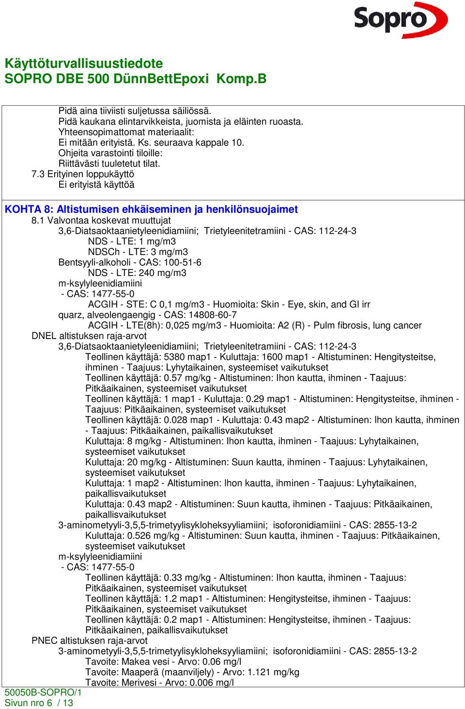 1 Valvontaa koskevat muuttujat 3,6-Diatsaoktaanietyleenidiamiini; Trietyleenitetramiini - CAS: 112-24-3 NDS - LTE: 1 mg/m3 NDSCh - LTE: 3 mg/m3 Bentsyyli-alkoholi - CAS: 100-51-6 NDS - LTE: 240 mg/m3