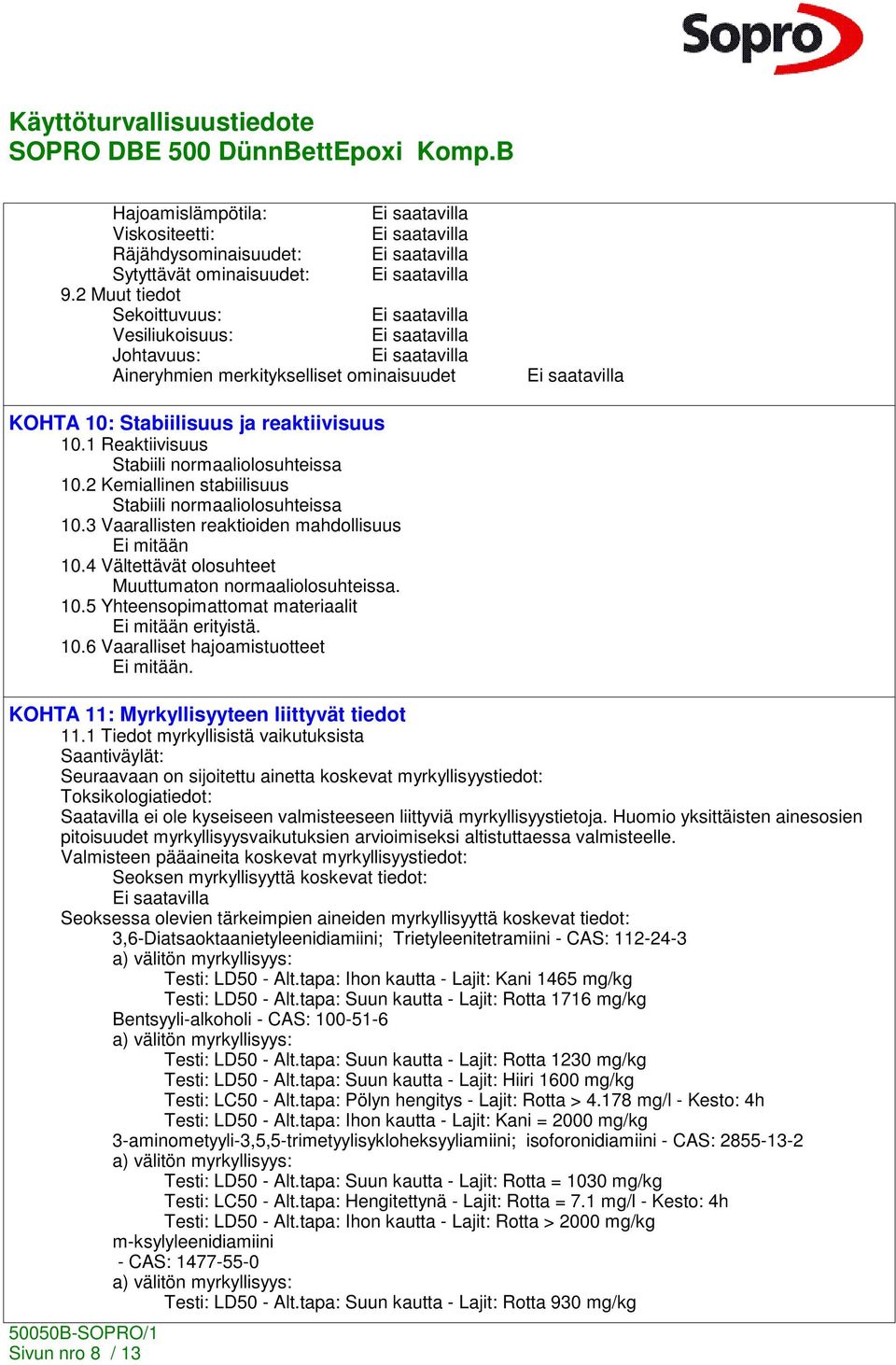 2 Kemiallinen stabiilisuus Stabiili normaaliolosuhteissa 10.3 Vaarallisten reaktioiden mahdollisuus 10.4 Vältettävät olosuhteet Muuttumaton normaaliolosuhteissa. 10.5 Yhteensopimattomat materiaalit erityistä.