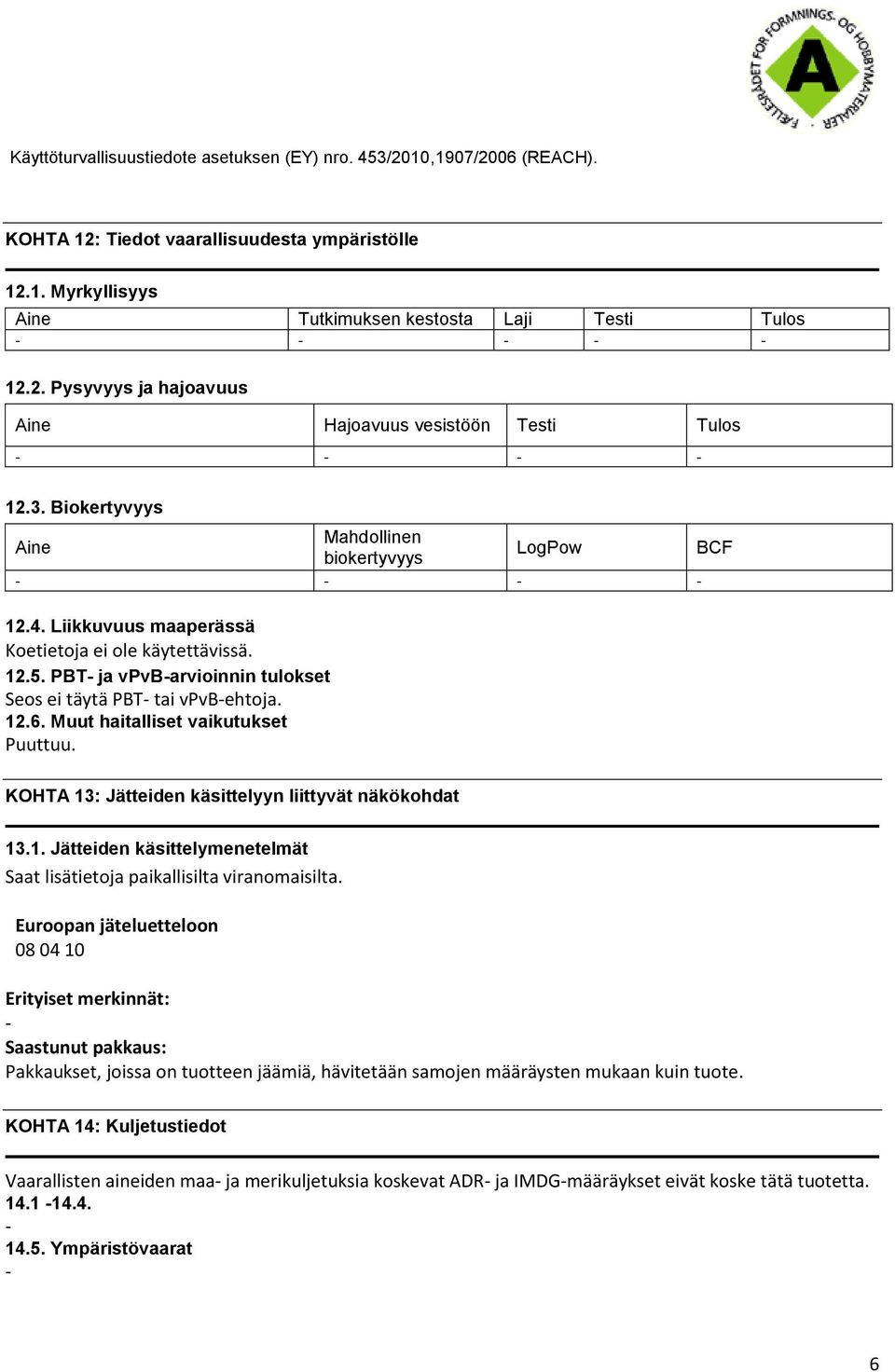 Muut haitalliset vaikutukset Puuttuu. KOHTA 13: Jätteiden käsittelyyn liittyvät näkökohdat 13.1. Jätteiden käsittelymenetelmät Saat lisätietoja paikallisilta viranomaisilta.