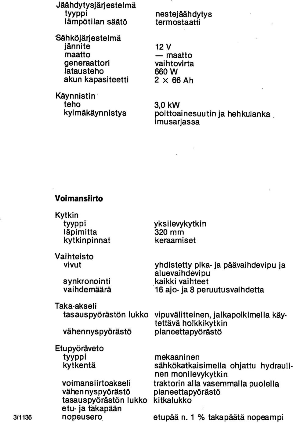 keraamiset yhdistetty pika- ja päävaihdevipu ja aluevaihdevipu kaikki vaihteet 16 ajo- ja 8 peruutusvaihdetta Taka-akseli tasauspyörästön lukko vähennyspyörästö Etu pyöräveto tyyppi kytkentä