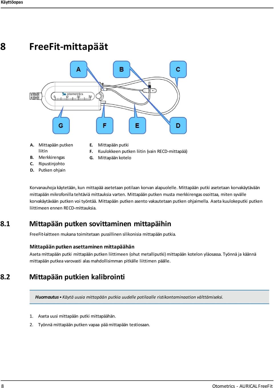 Mittapään putken musta merkkirengas osoittaa, miten syvälle korvakäytävään putken voi työntää. Mittapään putken asento vakautetaan putken ohjaimella.