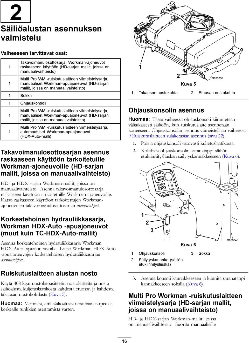 manuaaliset Workman-apuajoneuvot (HD-sarjan mallit, joissa on manuaalivaihteisto) Multi Pro WM -ruiskutuslaitteen viimeistelysarja, automaattiset Workman-apuajoneuvot (HDX-Auto-malli)