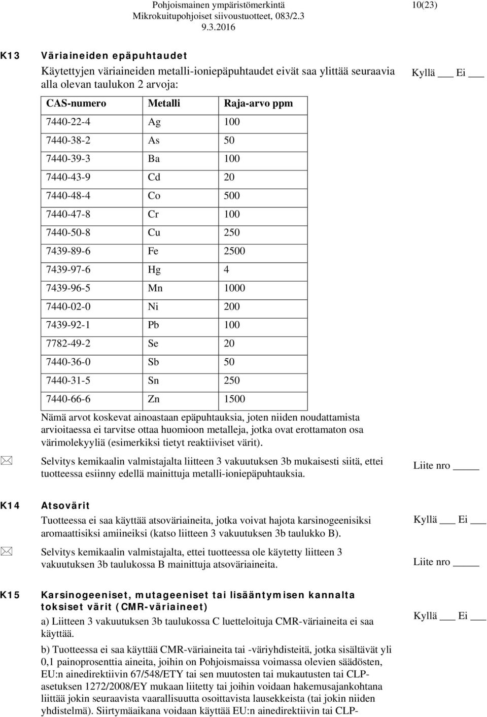 2.3 9.3.2016 K13 Väriaineiden epäpuhtaudet Käytettyjen väriaineiden metalli-ioniepäpuhtaudet eivät saa ylittää seuraavia alla olevan taulukon 2 arvoja: CAS-numero Metalli Raja-arvo ppm 7440-22-4 Ag