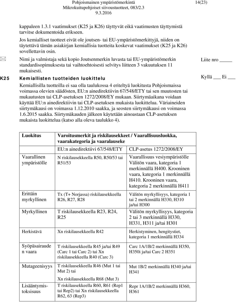 Nimi ja valmistaja sekä kopio Joutsenmerkin luvasta tai EU-ympäristömerkin standardisopimuksesta tai vaihtoehtoisesti selvitys liitteen 3 vakuutuksen 11 mukaisesti.