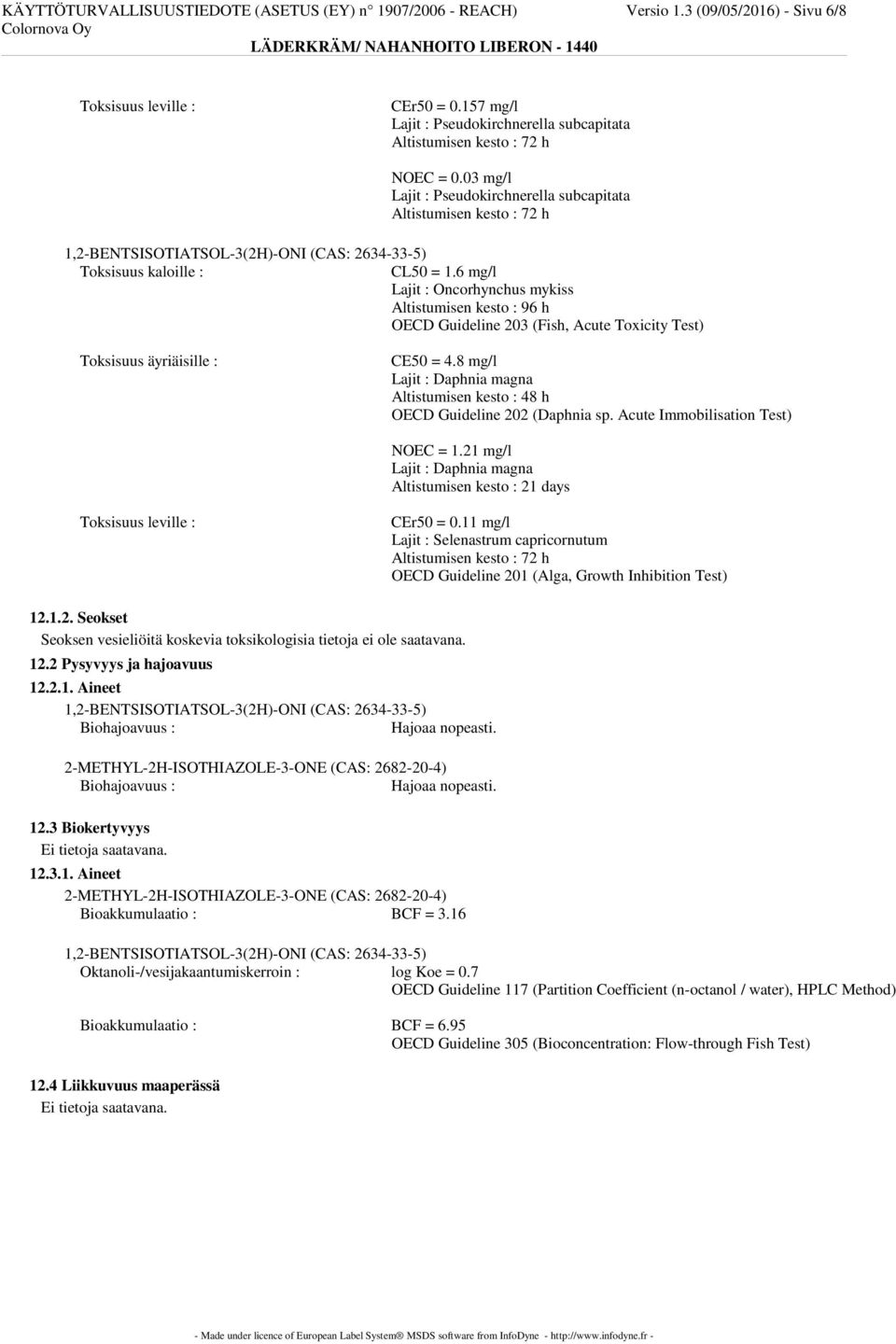 03 mg/l Lajit : Pseudokirchnerella subcapitata Altistumisen kesto : 72 h 1,2-BENTSISOTIATSOL-3(2H)-ONI (CAS: 2634-33-5) Toksisuus kaloille : CL50 = 1.