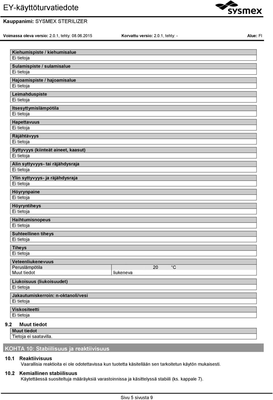 Liukoisuus (liukoisuudet) Jakautumiskerroin: noktanoli/vesi Viskositeetti 9.2 Muut tiedot Muut tiedot KOHTA 10: Stabiilisuus ja reaktiivisuus 10.