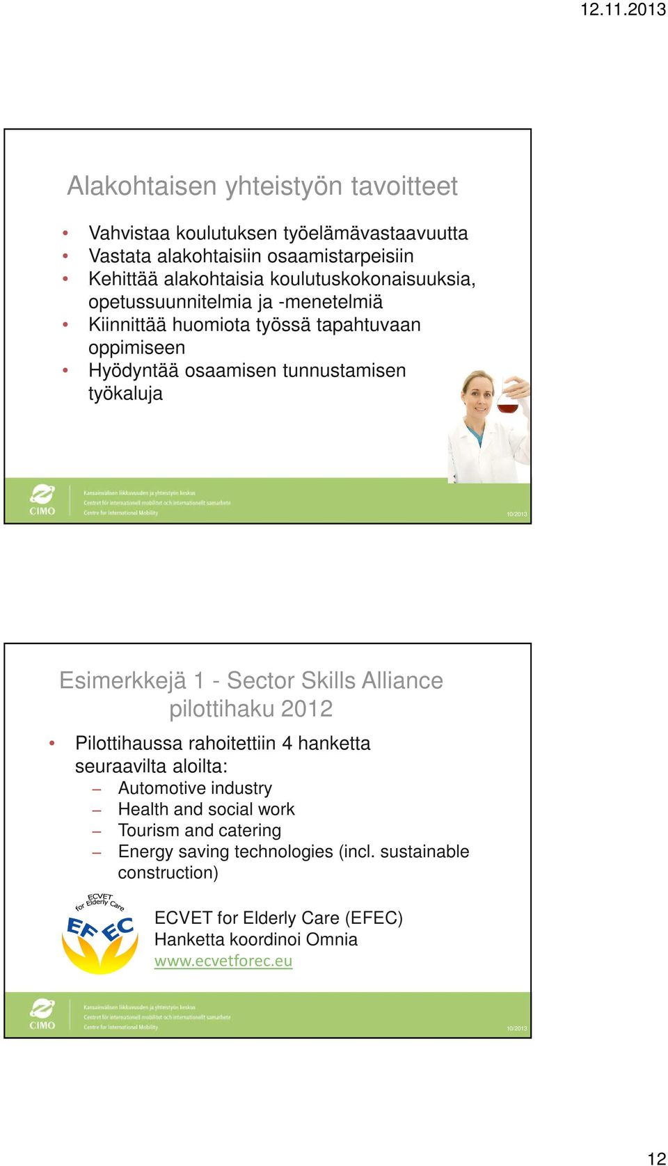 Esimerkkejä 1 - Sector Skills Alliance pilottihaku 2012 Pilottihaussa rahoitettiin 4 hanketta seuraavilta aloilta: Automotive industry Health and