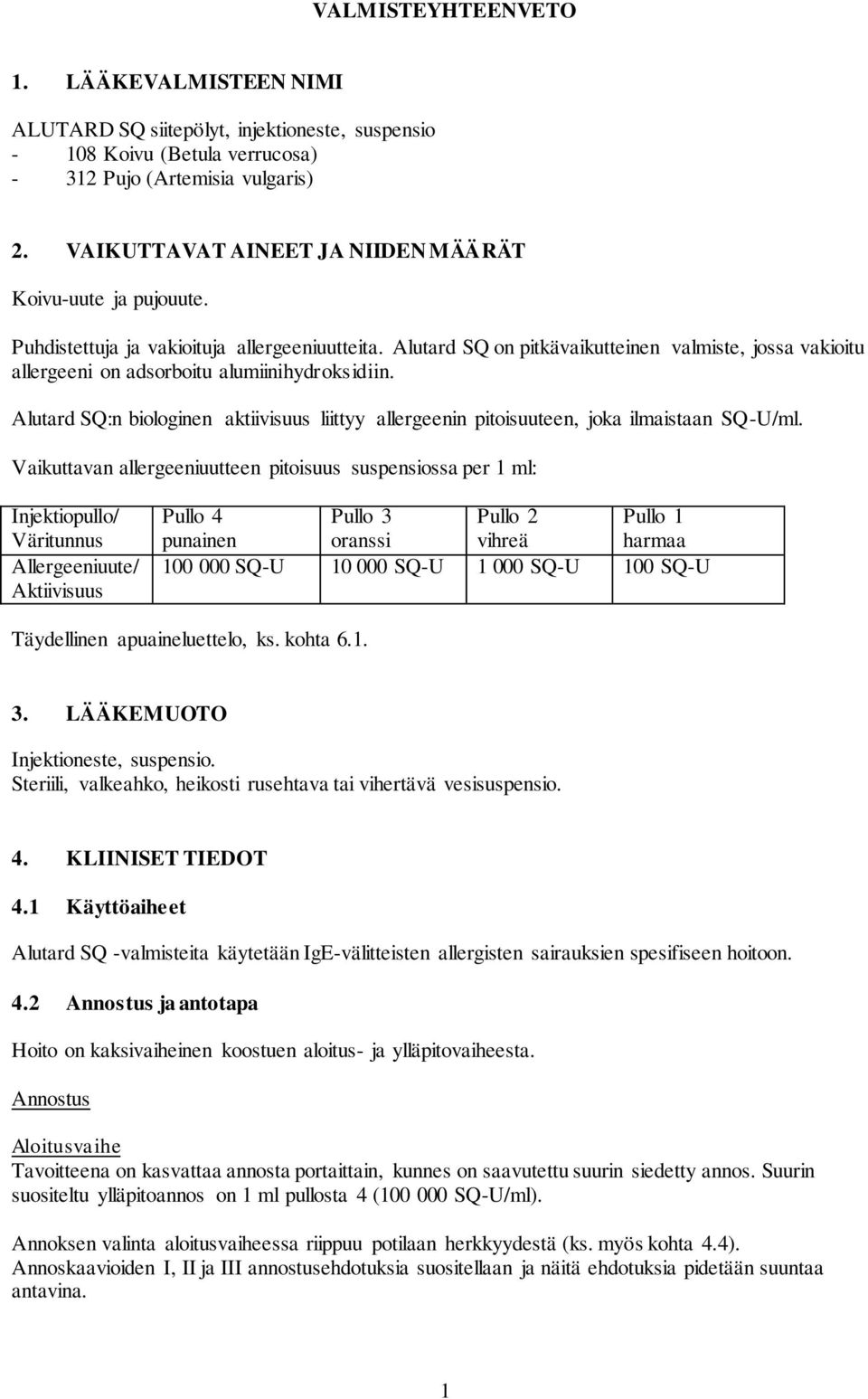 Alutard SQ on pitkävaikutteinen valmiste, jossa vakioitu allergeeni on adsorboitu alumiinihydroksidiin. Alutard SQ:n biologinen aktiivisuus liittyy allergeenin pitoisuuteen, joka ilmaistaan SQ-U/ml.