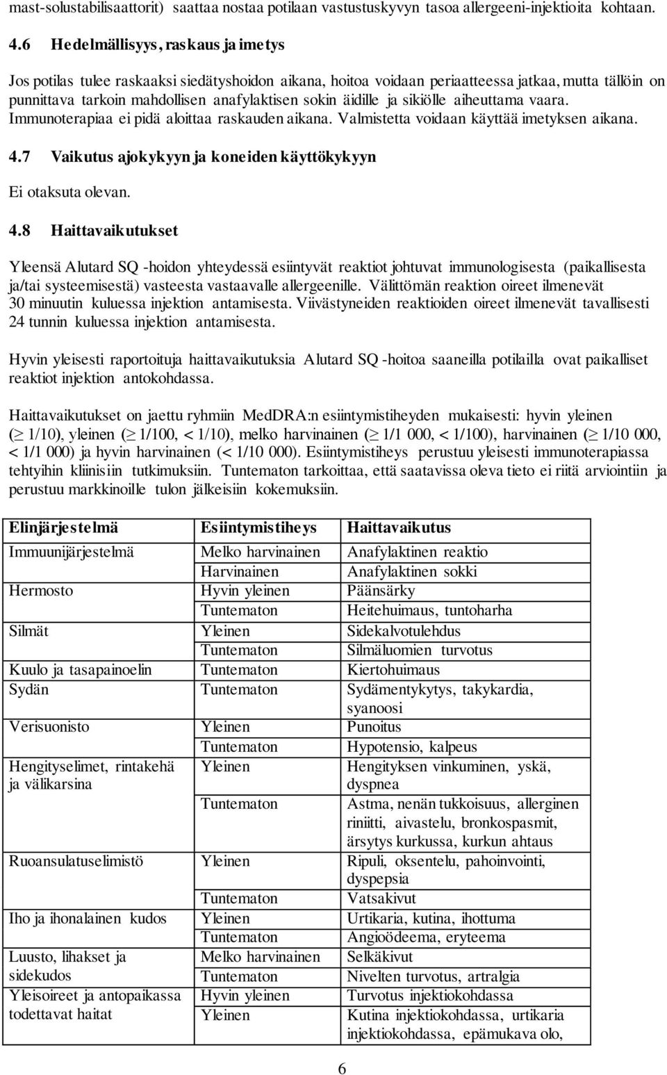 ja sikiölle aiheuttama vaara. Immunoterapiaa ei pidä aloittaa raskauden aikana. Valmistetta voidaan käyttää imetyksen aikana. 4.