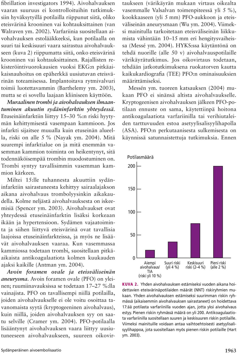 Varfariinia suositellaan aivohalvauksen estolääkkeeksi, kun potilaalla on suuri tai keskisuuri vaara sairastua aivohalvaukseen (kuva 2) riippumatta siitä, onko eteisvärinä krooninen vai