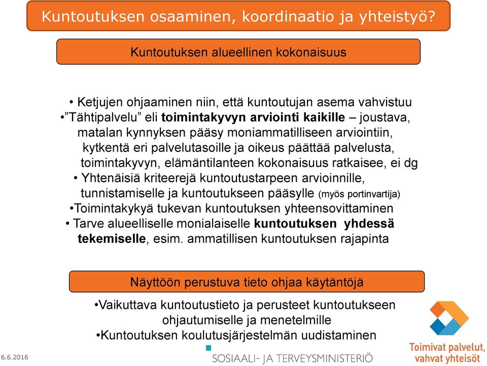 arviointiin, kytkentä eri palvelutasoille ja oikeus päättää palvelusta, toimintakyvyn, elämäntilanteen kokonaisuus ratkaisee, ei dg Yhtenäisiä kriteerejä kuntoutustarpeen arvioinnille,