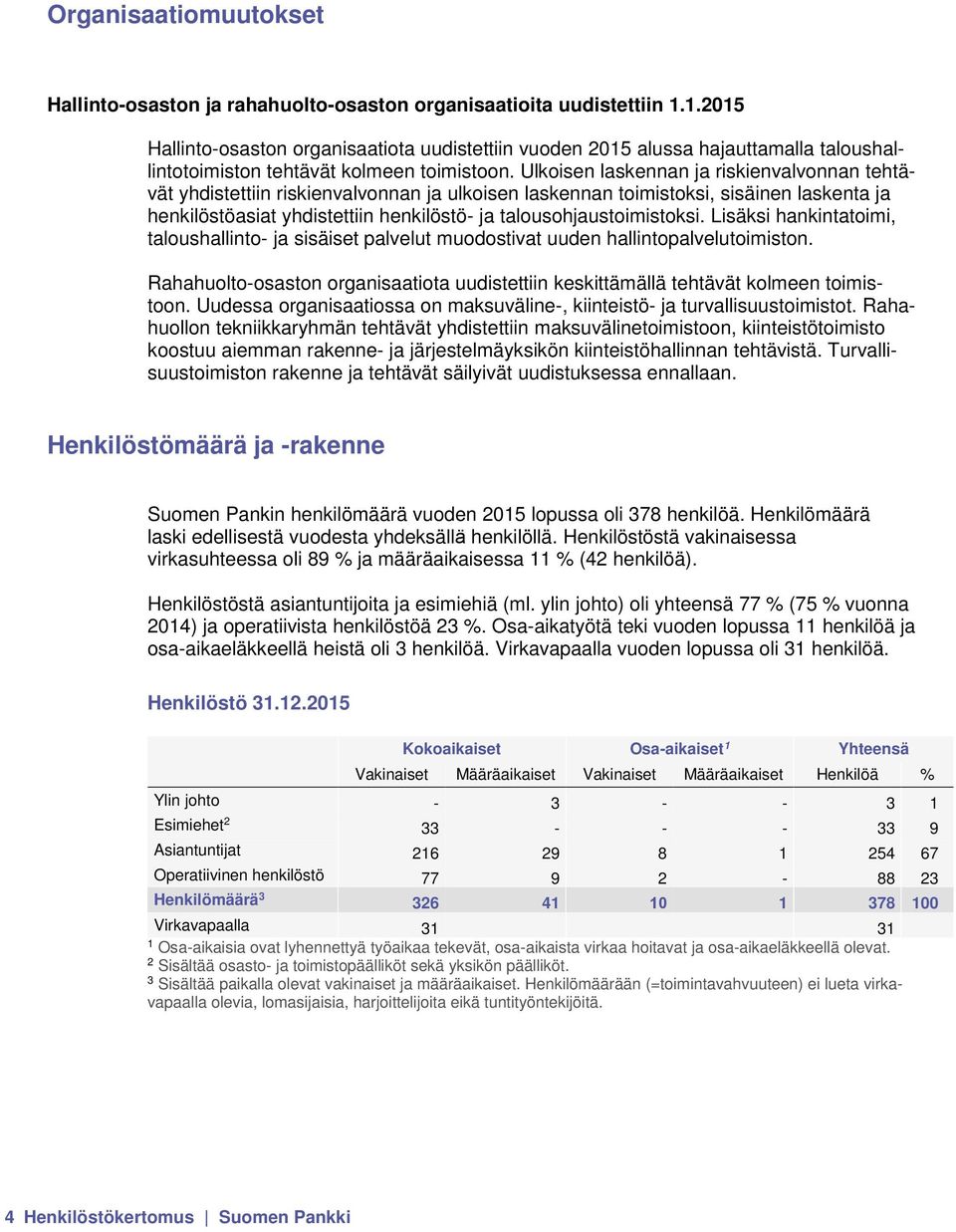 Ulkoisen laskennan ja riskienvalvonnan tehtävät yhdistettiin riskienvalvonnan ja ulkoisen laskennan toimistoksi, sisäinen laskenta ja henkilöstöasiat yhdistettiin henkilöstö- ja