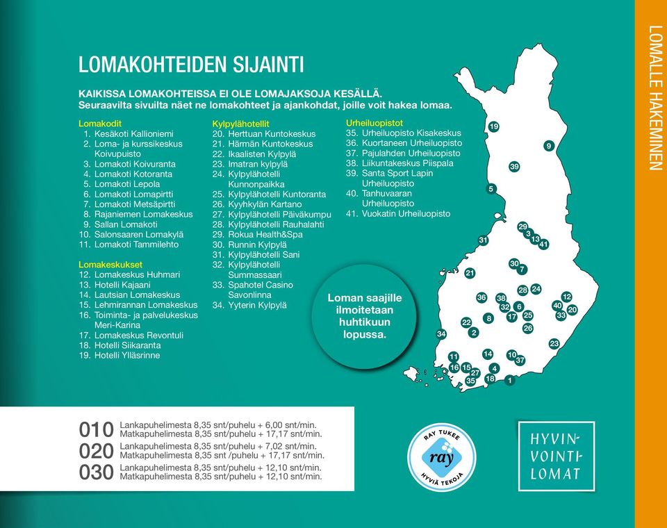 Salonsaaren Lomakylä 11. Lomakoti Tammilehto Lomakeskukset 12. Lomakeskus Huhmari 13. Hotelli Kajaani 14. Lautsian Lomakeskus 15. Lehmirannan Lomakeskus 16. Toiminta- ja palvelukeskus Meri-Karina 17.