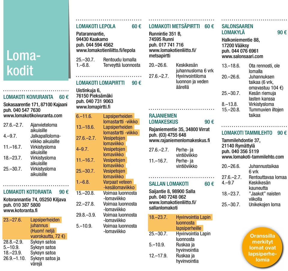 10.9. Syksyn satoa 18. 23.9. Syksyn satoa 26.9. 1.10. Syksyn satoa ja värejä LOMAKOTI LEPOLA 60 Patarannantie, 94430 Kaakamo puh. 044 594 4562 www.lomakotienliitto.fi/lepola 25. 30.7.