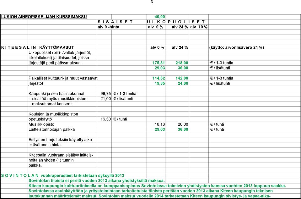 175,81 218,00 / 1-3 tuntia 29,03 36,00 / lisätunti Paikalliset kulttuuri- ja muut vastaavat 114,52 142,00 / 1-3 tuntia järjestöt 19,35 24,00 / lisätunti Kaupunki ja sen hallintokunnat 99,75 / 1-3