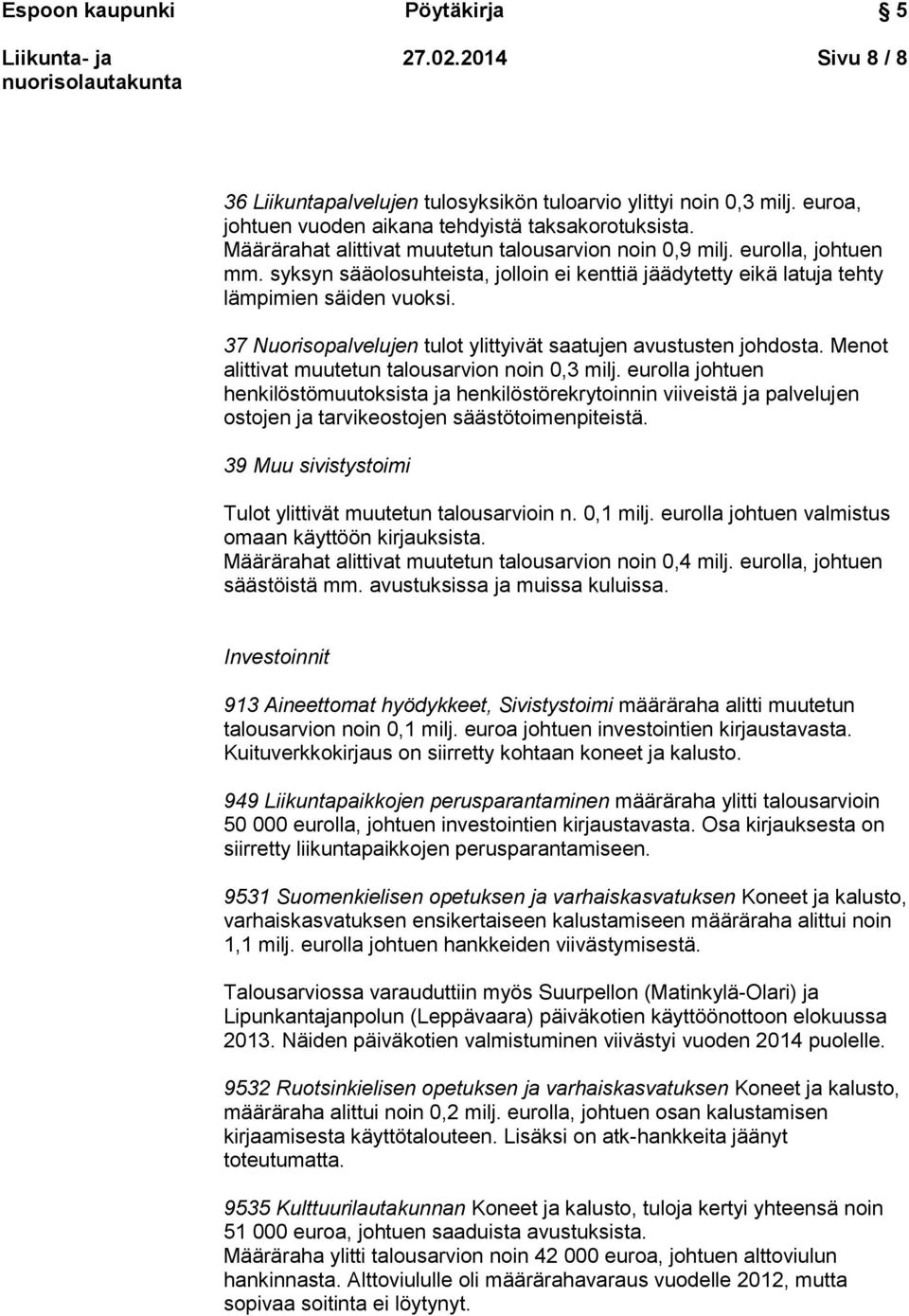 37 Nuorisopalvelujen tulot ylittyivät saatujen avustusten johdosta. Menot alittivat muutetun talousarvion noin 0,3 milj.